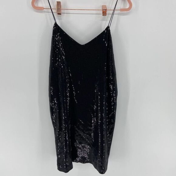 Tibi Black Party Sequined Spaghetti Strap Mini Slip Dress womens 4 - Picture 2 of 5